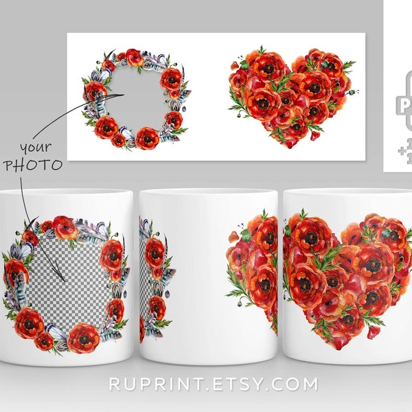 Flowers mug png, Photo mug wrap,  Flowers heart sublimation design 11 & 15 Oz photo mug template