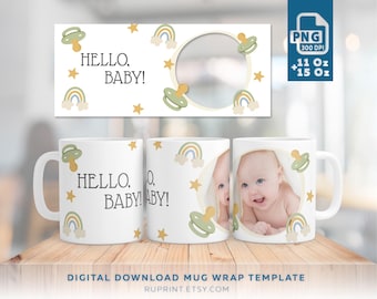 Plantilla para taza con foto de bebé, diseño en color neutro, diseño para niño y niña, sublimación, envoltorio personalizado con foto PNG. Regalo personalizado con foto.