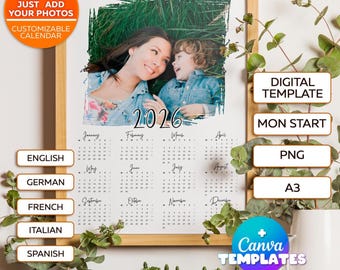 Calendario de pared con fotos del año 2026 (inglés, alemán, francés, italiano y español) Plantilla digital editable, regalo con foto imprimible