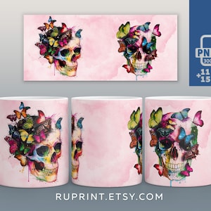 Pink skulls and butterflies Halloween mug sublimation wrap, 11 & 15 Oz Mug wrap Design, Halloween Mug sublimation template PNG  300 DPI