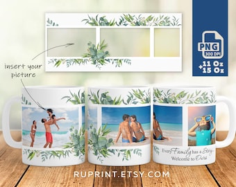 Photo mug sublimation design png, Family mug template, Picture mug wrap for sublimation, Digital template 11Oz 15Oz mug