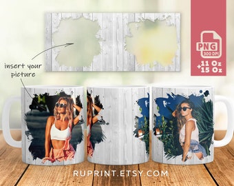 May include: White ceramic mug with a woodgrain design and a photo insert area. The insert area features a woman wearing sunglasses and a white tank top. The mug is 11 oz or 15 oz.
