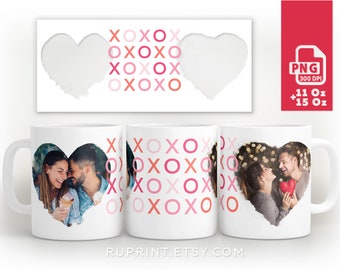 XOXO mug png, 2 photo heart mug wrap, Valentines mug png, Picture mug template, Photo mug sublimation design png