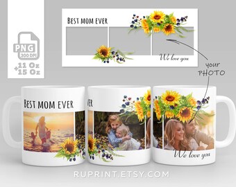 Taza "La mejor mamá del mundo", diseño de taza de girasol, collage de fotos (PNG), plantilla de taza con foto de 11 y 15 oz
