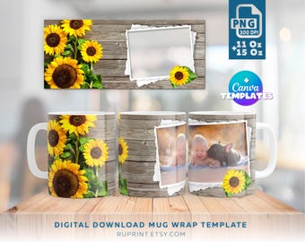Taza de girasol, plantilla de Canva para sublimación, envoltura de taza de girasol PNG, taza de sublimación, plantilla de diseño de taza