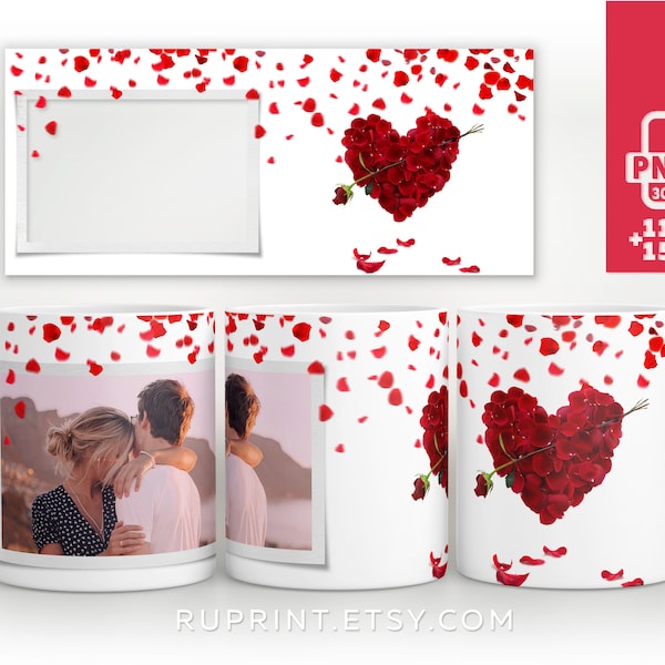 Rose heart Photo mug wrap, Valentines Day Picture mug template, Photo mug sublimation design, Valentines mug png