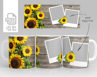 Plantilla digital para sublimación en tazas, girasol png para sublimación, plantilla de diseño de taza de sublimación, taza personalizable