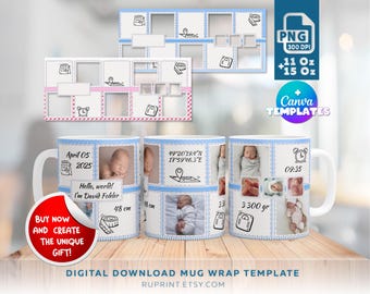 Plantilla de taza con foto para baby shower de niño o niña, diseño de sublimación para bebé niño y niña, envoltura de taza con foto personalizada PNG, regalo con foto personalizado