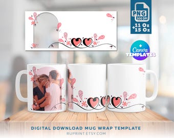 Photo mug wrap, Valentine mug template, Photo mug sublimation design, Valentines mug PNG Digital template for sublimation