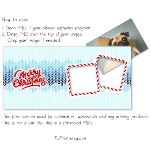 Pu&ograve; includere: Un file PNG a tema natalizio blu chiaro con uno sfondo a motivo a maglia e le parole "Merry Christmas" in corsivo rosso. L'immagine include due cornici a righe rosse e bianche e un'immagine di un carlino. Il testo dice "How to use:" e "This files can be used for sublimation..."