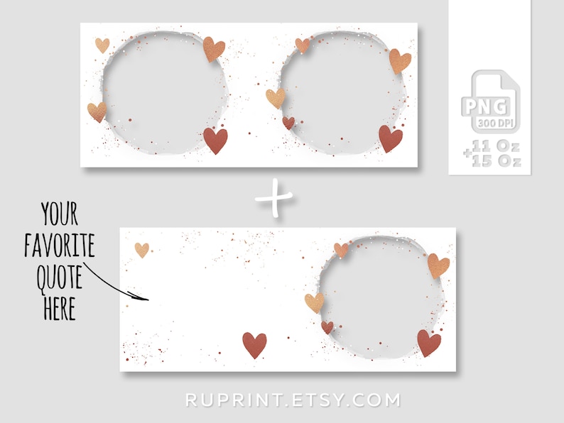 K&ouml;nnte beinhalten: Drei druckbare Designs mit wei&szlig;em Hintergrund, einem Kreis und verstreuten goldenen und roten Herzen. Der Text "YOUR FAVORITE QUOTE HERE" ist in einem der Designs enthalten.