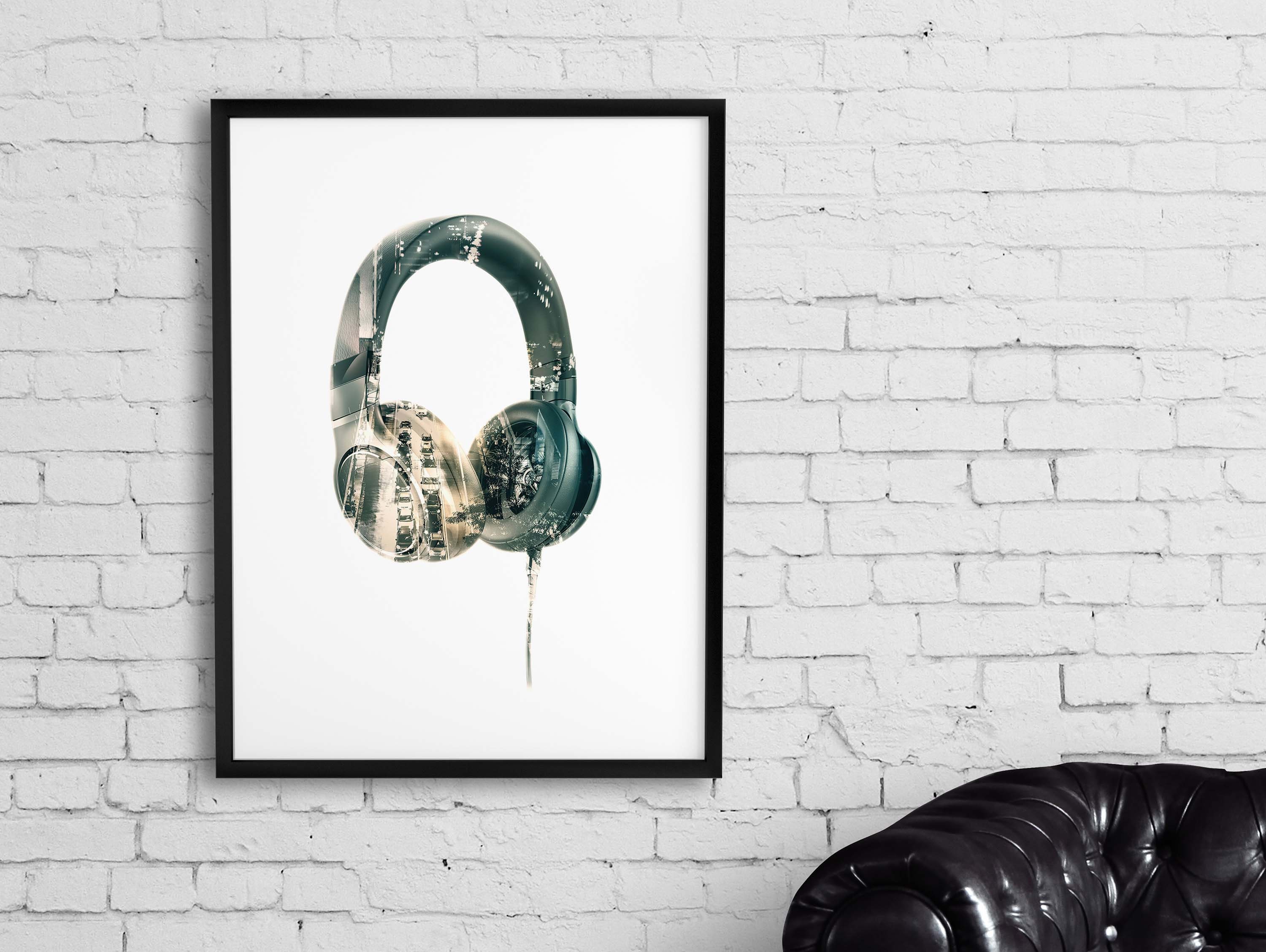 Headphones Printable poster Double Exposure Music art Urban Etsy