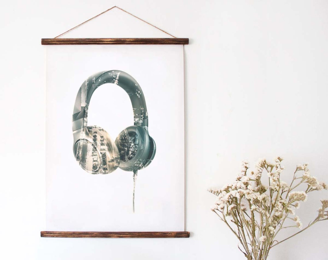 Headphones Printable poster Double Exposure Music art Urban Etsy