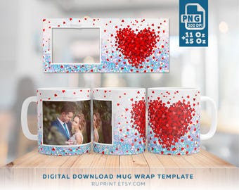 Könnte beinhalten: Eine digitale Download-Vorlage für eine Tassenhülle mit einem Herz aus roten Herzen auf glitzerndem Hintergrund. Die Vorlage ist für 11 oz und 15 oz Tassen.