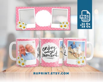 May include: Pink and white mug with a photo collage of two older adults. The mug has a white handle and the text "enjoy every moment." printed on it.