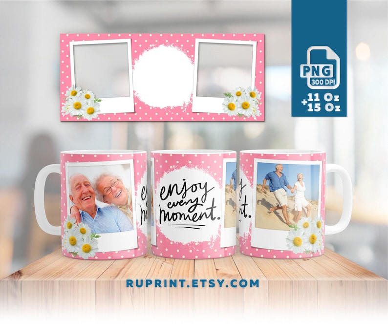 May include: Pink and white mug with a photo collage of two older adults. The mug has a white handle and the text "enjoy every moment." printed on it.
