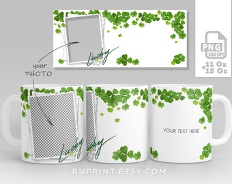 Green leaves Photo Mug Wrap PNG, Clover Mug Sublimation Designs, Lucky mug wrap, shamrock mug