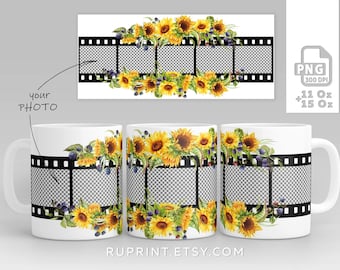 Envoltura de taza con collage de fotos de girasoles, plantilla digital de 11 y 15 oz para sublimación con 5 imágenes, plantilla de diseño de taza de girasol png