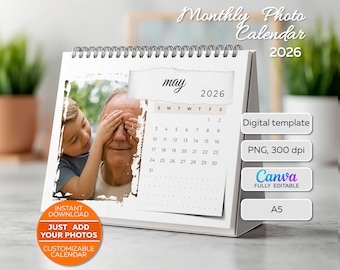 Calendario fotográfico mensual 2026, plantilla Canva totalmente editable, regalo fotográfico personalizado imprimible, calendario de escritorio 2026