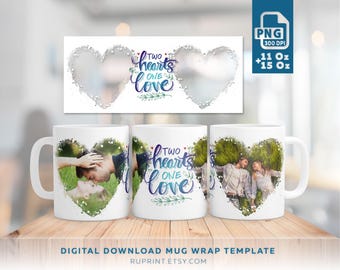 Dos corazones, un amor, taza con dos marcos de fotos, plantilla PNG para envolver tazas, diseño de sublimación, gif de San Valentín