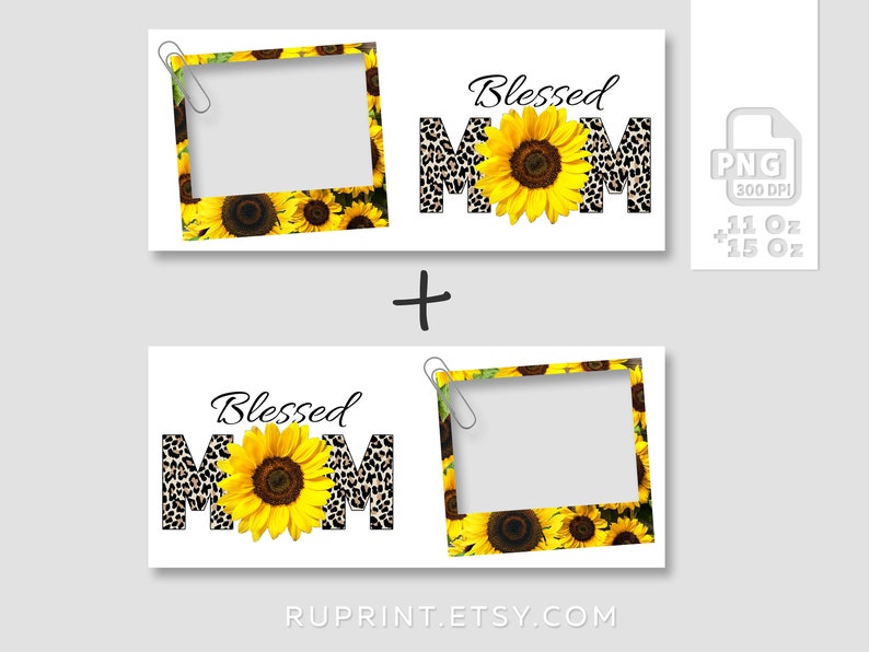 Pu&ograve; includere: Due design rettangolari bianchi con accenti di girasole e stampa leopardata. Un design presenta le parole "Blessed MOM" con un girasole al centro. L'altro design ha una cornice di girasole. Un segno pi&ugrave; &egrave; tra i design.