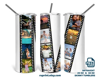 Film Strip Photo Tumbler Wrap PNG, Photo Collage Tumbler Template, 20 & 30 Oz Skinny Tumbler Design Sublimation