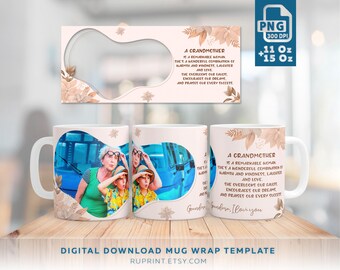 Könnte beinhalten: Weiße Keramikbecher mit einem Foto einer Großmutter und ihrer Enkelkinder sowie einem floralen Design. Die Becher tragen den Text "A Grandmother is a remarkable woman..." und "Grandma, I love you". Das Bild enthält auch eine PNG-Datei-Grafik.