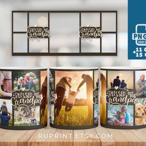 Peut inclure: Ensemble de trois tasses en céramique blanche avec un collage de photos de famille et le texte "Blessed Grandpa".