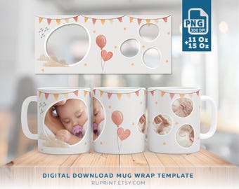 Diseño PNG para envolver tazas con foto de bebé, plantilla de sublimación personalizada, diseño en colores neutros, bebé niño/niña, regalo con foto personalizada