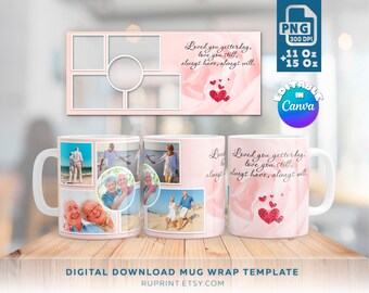 Photo Collage Mug Wrap, Valentine Mug  Wrap 11 and 15 oz, Canva Editable Picture Mug Template, Photo Mug Sublimation Design PNG