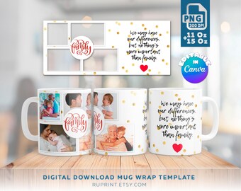 Family mug wrap, Family photo collage design PNG, Digital template for sublimation, Mug Design Template