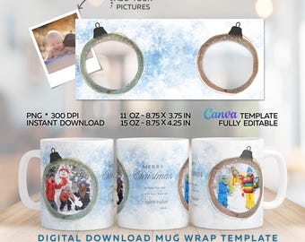Diseño navideño para tazas con fotos, plantilla de Canva para 2 fotos, diseños de sublimación para tazas de 11 y 15 onzas