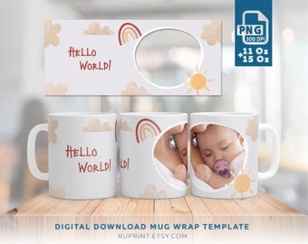 Hola Bebé - Plantilla para taza con foto, Envoltorio PNG para taza con foto personalizada, Regalo personalizado con foto, Añade tu foto y texto, Colores neutros para bebé