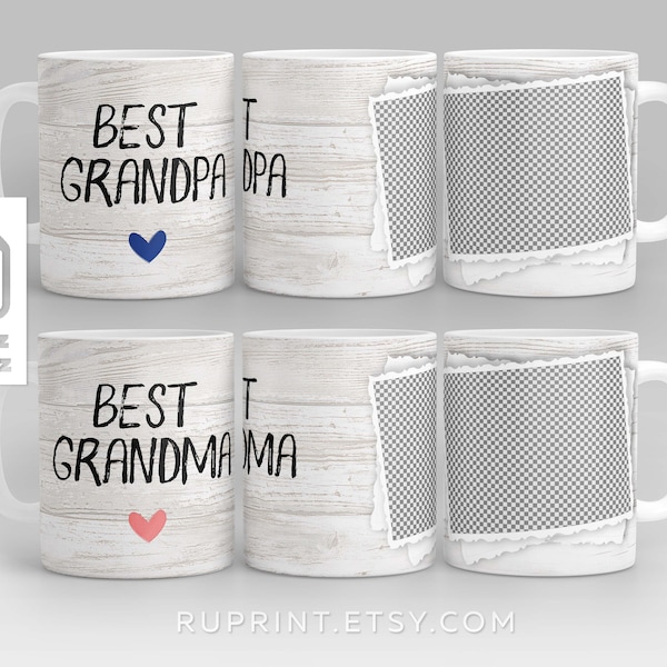 Grandparent mug set, 11 and 15 Oz mug wraps, Digital sublimation template, Grandpa Grandma coffee mug with picture, Custom photo mug png