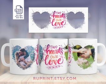 2 hearts 1 love, 2 photo frame mug, Picture mug template, Photo mug sublimation design, Valentines mug png Digital template for sublimation