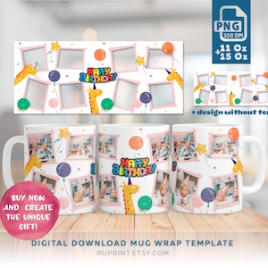 Happy Birthday Mug Template, Personalized Kids Mug Wrap PNG, Children&#39;s Mug Design for 11 oz and 15 oz