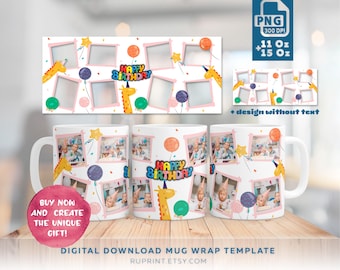 Happy Birthday Mug Template, Personalized Kids Mug Wrap PNG, Children's Mug Design for 11 oz and 15 oz