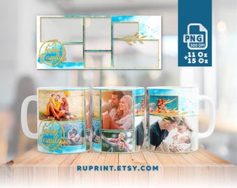 Diseño de envoltura de taza con collage de fotos familiares PNG, plantilla digital para sublimación