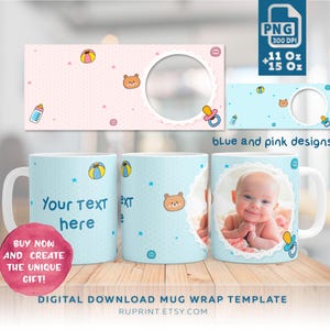 Sjabloon fotomok babyshower, ontwerp babyjongen en babymeisje voor sublimatie, aangepaste mok wrap png, gepersonaliseerde foto cadeau