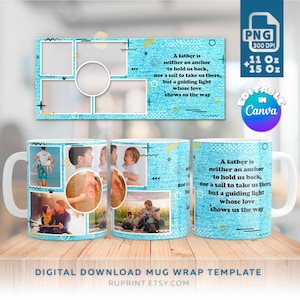 Father&#39;s Day mug with photo collage, Photo mug wrap PNG, Digital mug template for sublimation for dad, Father&#39;s Day gift