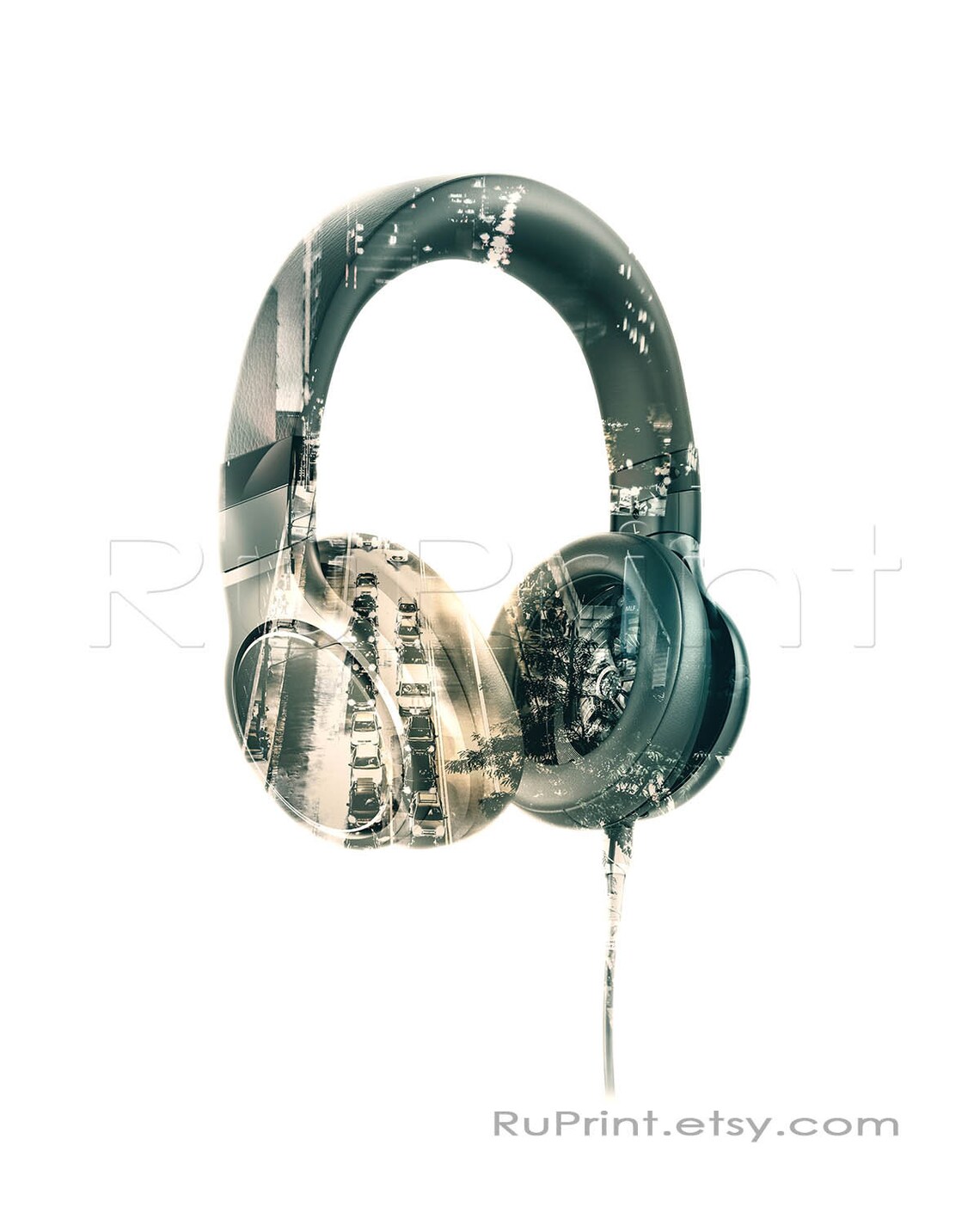 Headphones Printable Poster Double Exposure Music Art Urban Etsy