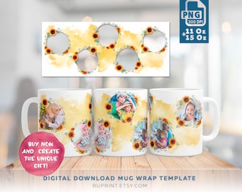 Sunflower Photo Mug Wrap PNG, Flower Picture Mug Template, Personalized Wrap Mug Template Sublimation Photo Collage