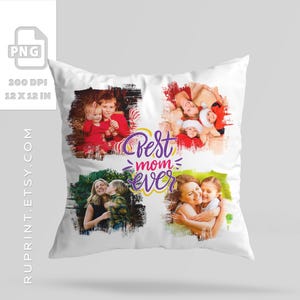 May include: White pillowcase featuring four photographs of a family arranged in a collage style. The photos have a white background and a light blue border. The text "Best Mom Ever" is written in purple and pink lettering in the centre of the pillowcase.