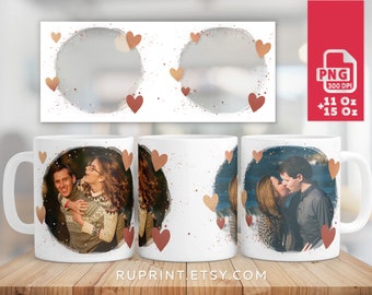 Envoltura para taza con 2 fotos, envoltura para taza de San Valentín de 11 y 15 oz, plantilla para taza con imagen de corazón, diseño de sublimación de taza con foto PNG