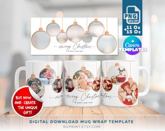 Könnte beinhalten: Weiße Keramikbecher mit Weihnachtsbaumschmuck-Designs, jeweils mit Familienfotos. Die Becher haben einen Henkel und sind mit dem Text "merry Christmas & happy new year" verziert. Das Bild enthält auch ein Banner mit hängenden Ornamenten und dem Text "PNG 300 DPI 325 ml + 444 ml Canva TEMPLATES".