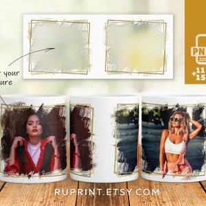May include: Three white mugs with a gold frame and a brushstroke design. Each mug features a different image of a person within the frame. The text "RUPRINT.ETSY.COM" is at the bottom of the image.