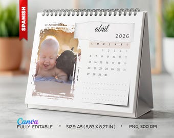 Calendario fotográfico personalizable en español para 2026, archivos PNG y plantilla de Canva