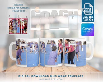Diseño personalizado de Coach para tazas y vasos térmicos con foto, plantilla de collage de fotos editable en Canva