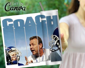 Plantilla editable en Canva para crear un collage de fotos personalizado para vasos y tazas de Coach.