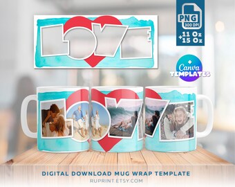Könnte beinhalten: Eine digitale Download-Mug-Wrap-Vorlage mit dem Wort "LOVE" in Herzform auf einem Aquarellhintergrund. Die Vorlage ist für 11 oz und 15 oz Tassen konzipiert und enthält eine Canva-Vorlage.